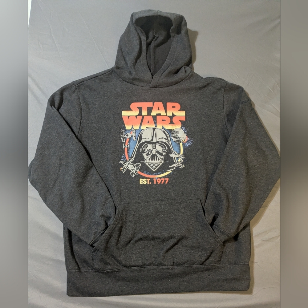 Star Wars Men's Charcoal Hoodie with Retro Gradient Logo and Darth Vader